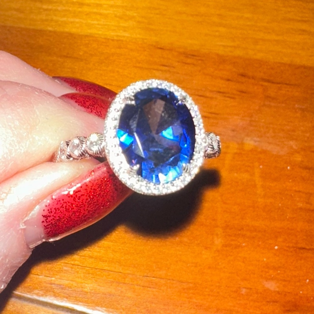 Judith Ripka blue synthetic Sapphire Sterling silver ring